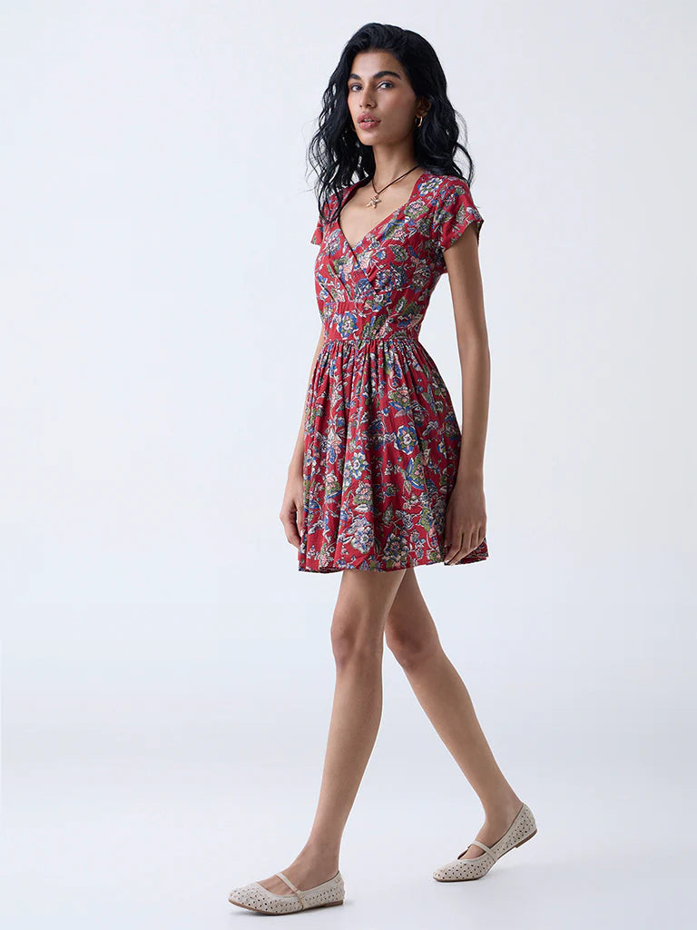 Bombay Paisley Red Floral Pattern Cotton A-Line Dress