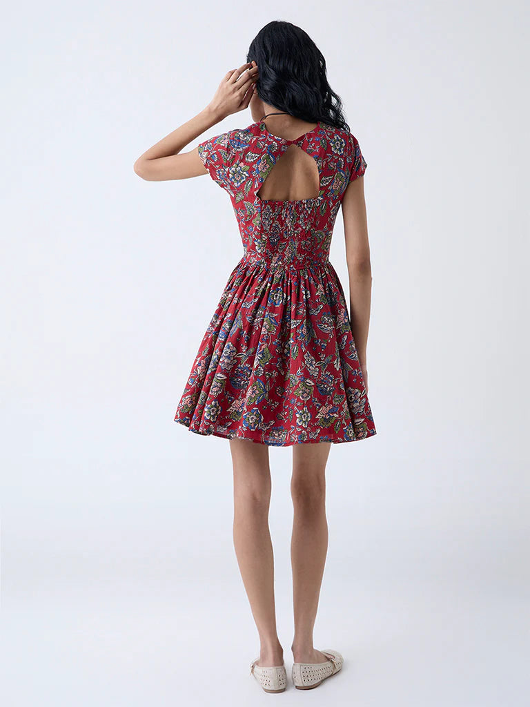 Bombay Paisley Red Floral Pattern Cotton A-Line Dress