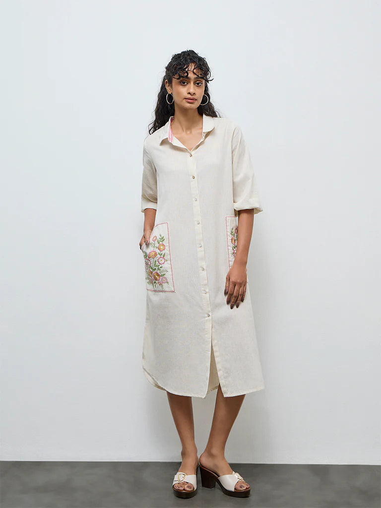Utsa Off-White Floral Embroidered Cotton-Blend Shirt Dress