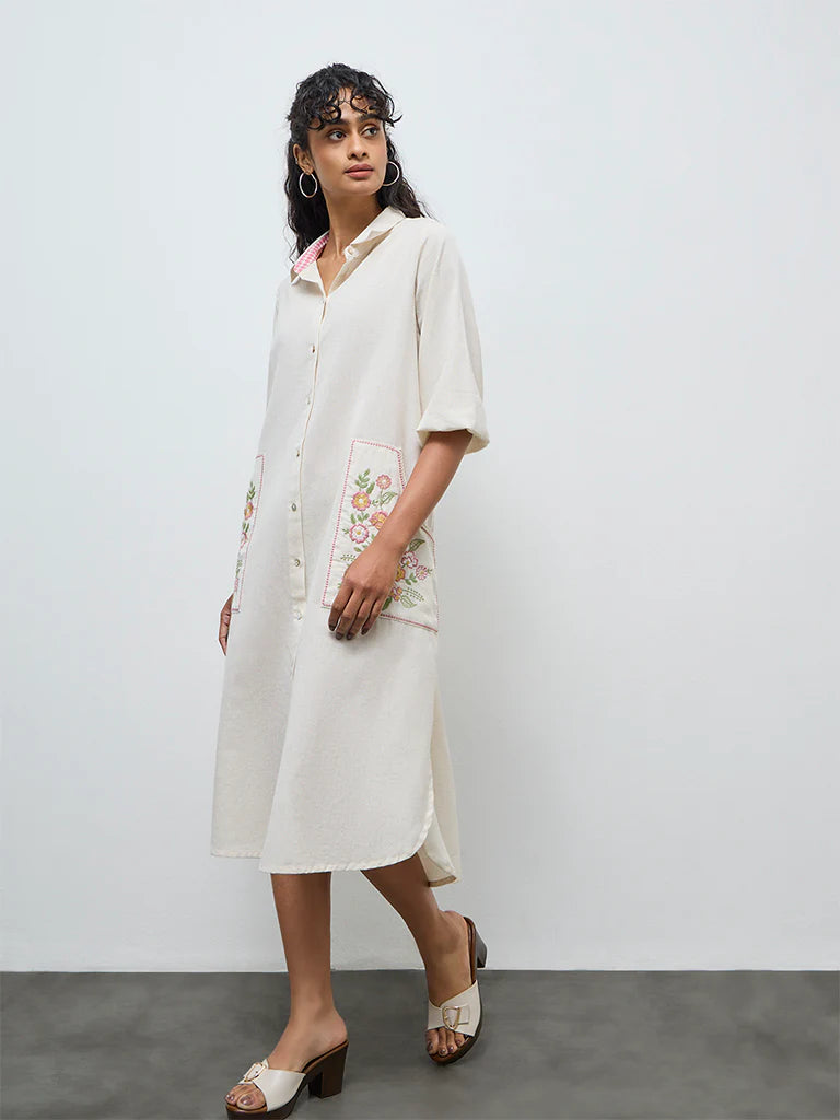 Utsa Off-White Floral Embroidered Cotton-Blend Shirt Dress