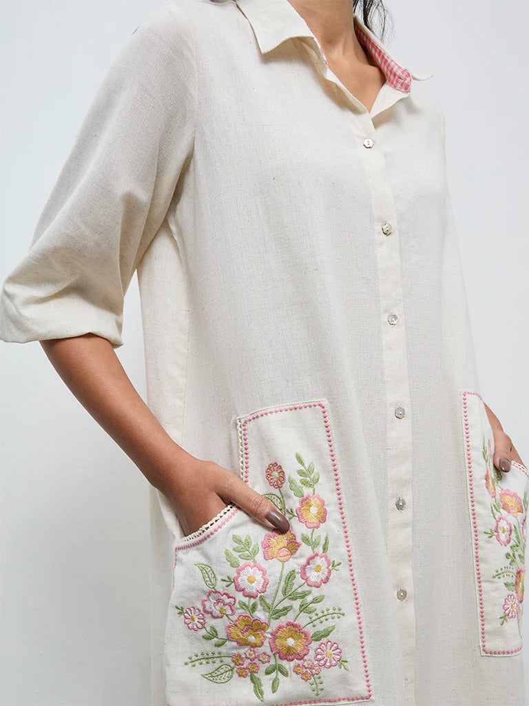 Utsa Off-White Floral Embroidered Cotton-Blend Shirt Dress