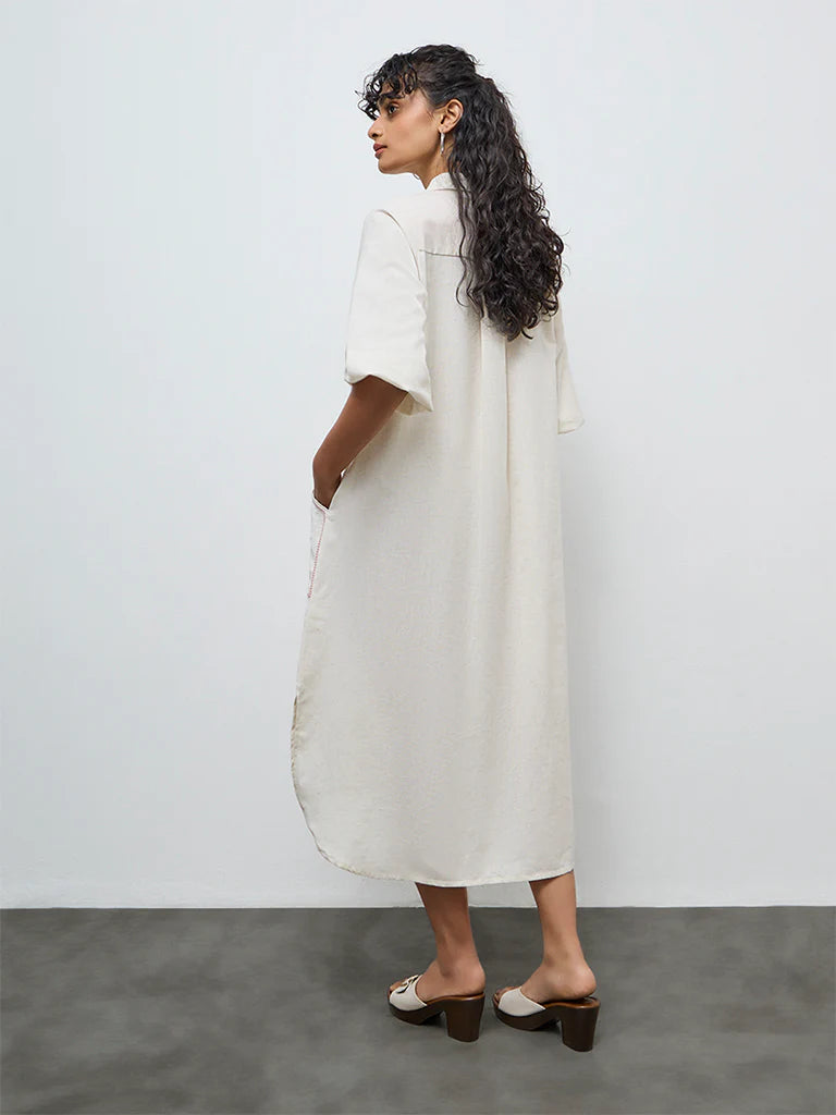 Utsa Off-White Floral Embroidered Cotton-Blend Shirt Dress