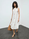 Utsa Off-White Embroidered Straight Cotton-Blend Dress