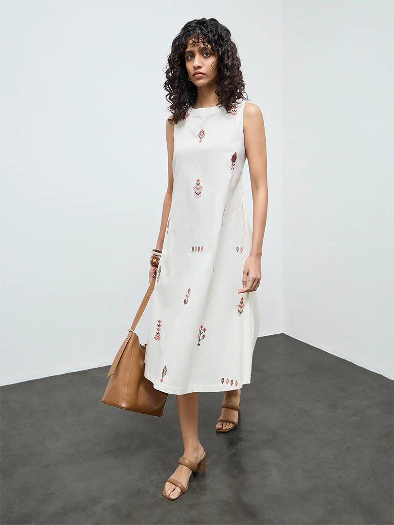 Utsa Off-White Embroidered Straight Cotton-Blend Dress