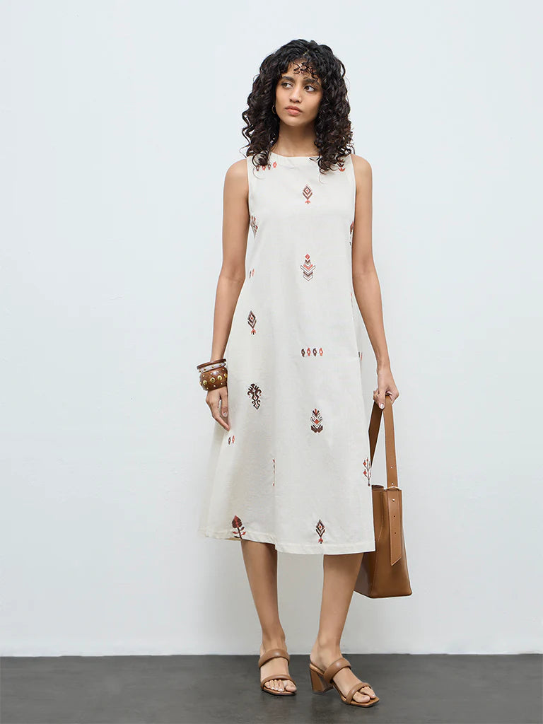 Utsa Off-White Embroidered Straight Cotton-Blend Dress