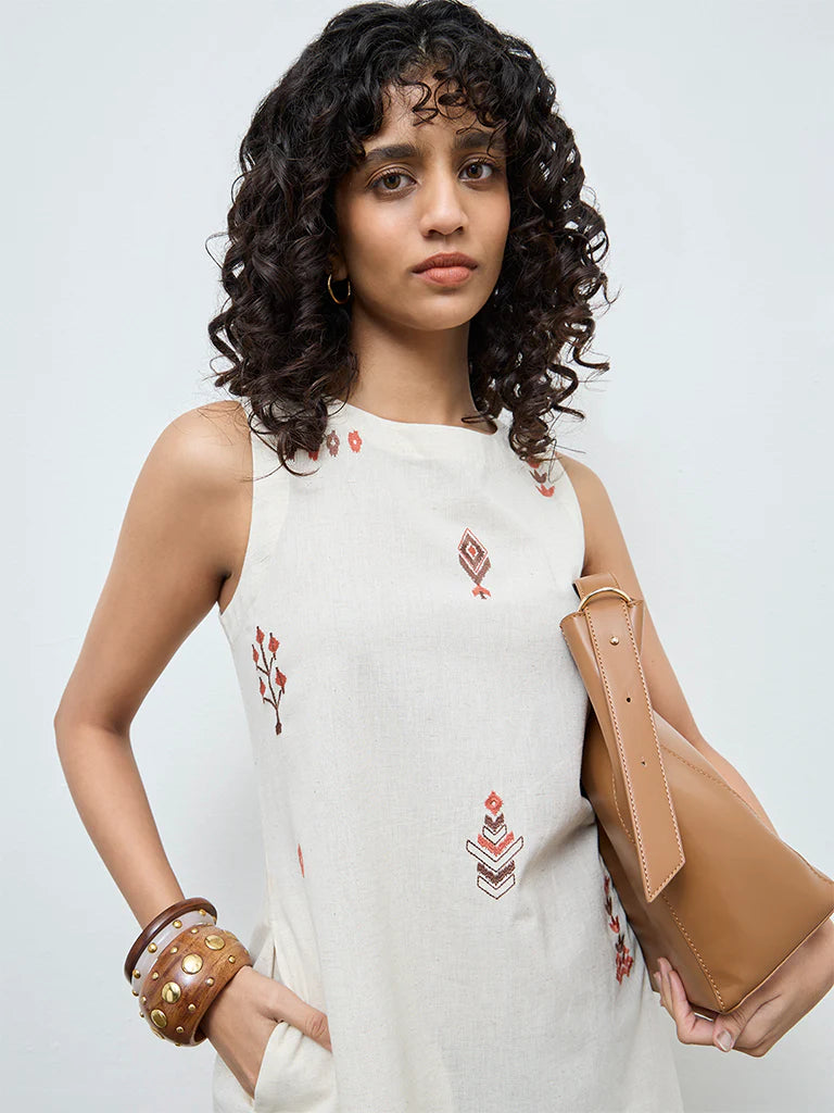 Utsa Off-White Embroidered Straight Cotton-Blend Dress