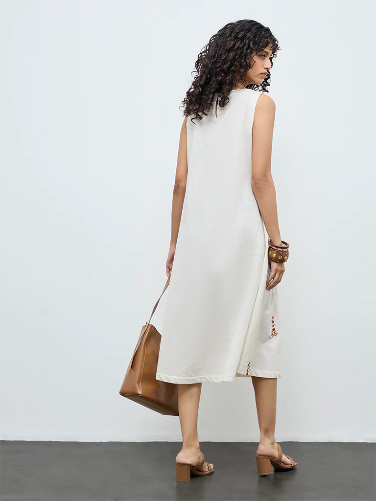 Utsa Off-White Embroidered Straight Cotton-Blend Dress