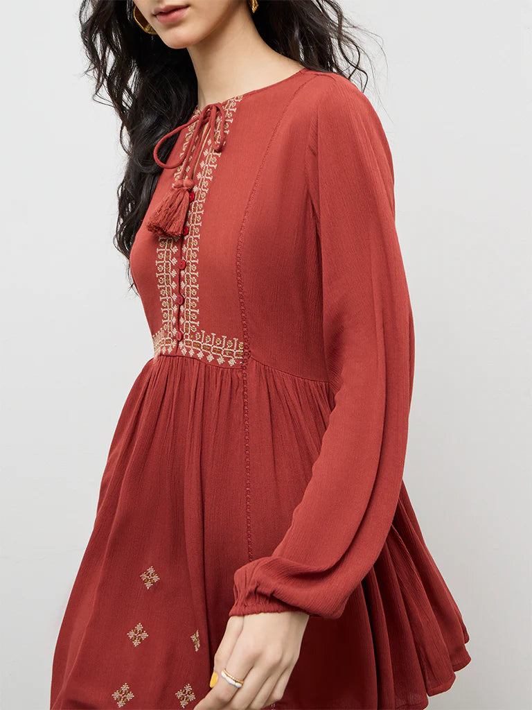 Bombay Paisley Rust Embroidered A-Line Dress