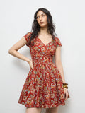Bombay Paisley Red Floral Pattern Cotton A-Line Dress