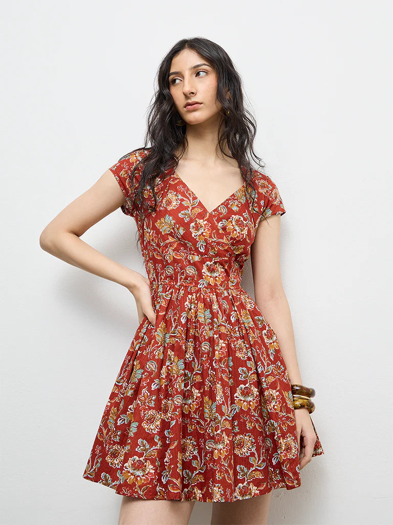 Bombay Paisley Red Floral Pattern Cotton A-Line Dress