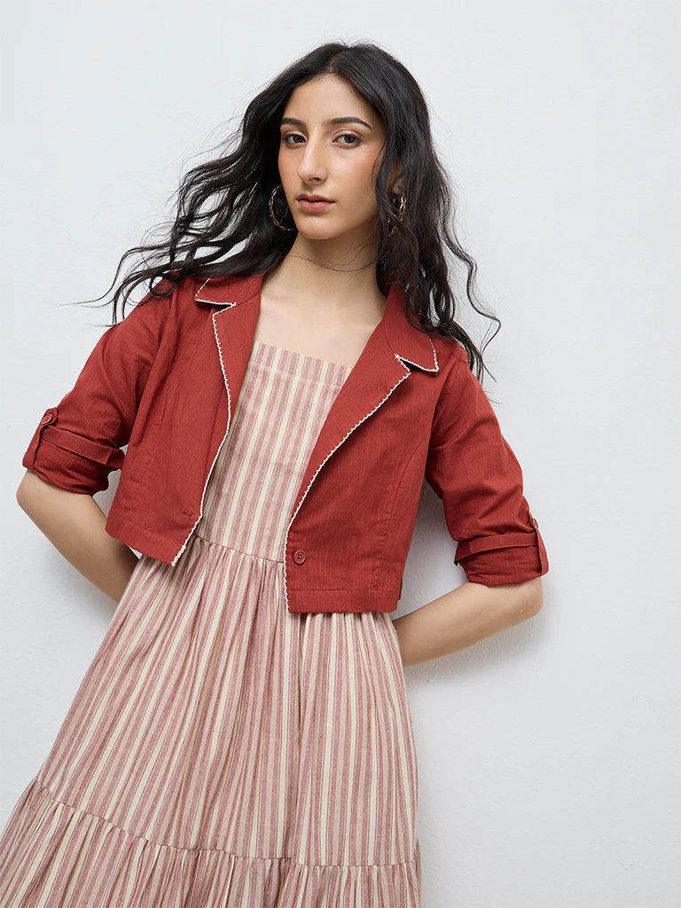 Bombay Paisley Rust Cotton Tiered Dress with Jacket Set