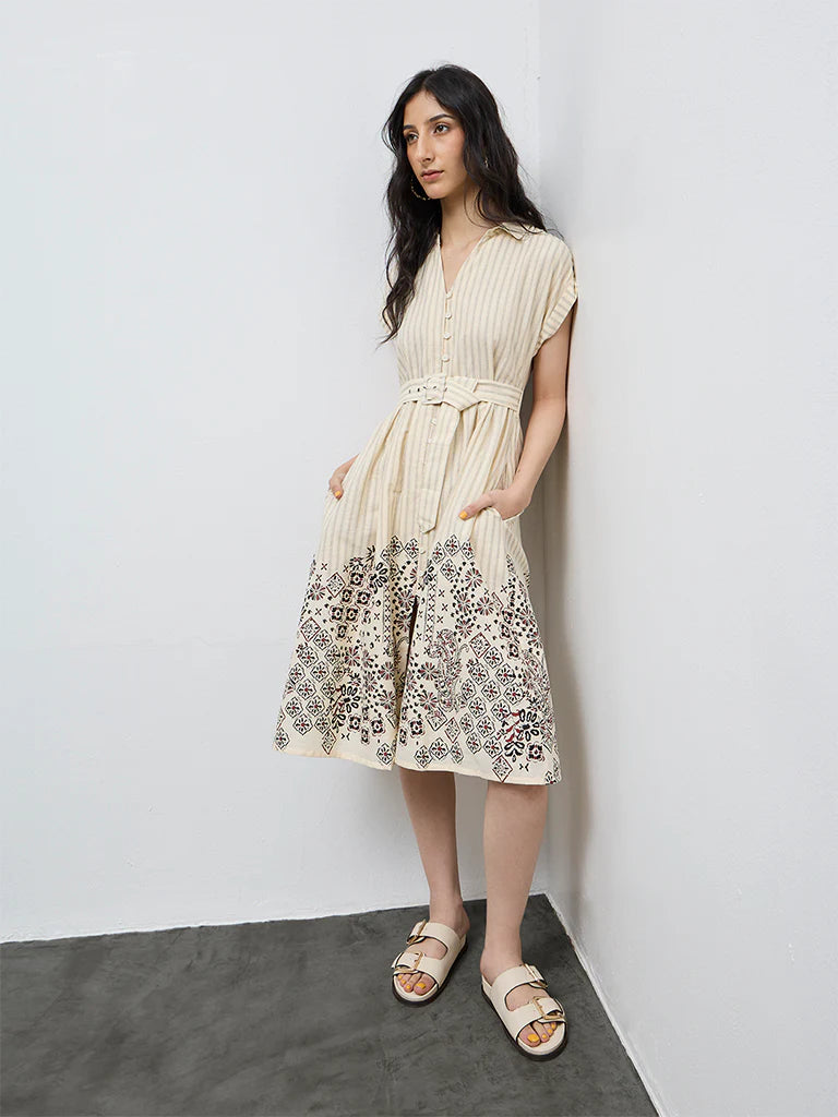 Bombay Paisley Off-White Cotton Shirt Dress with Belt