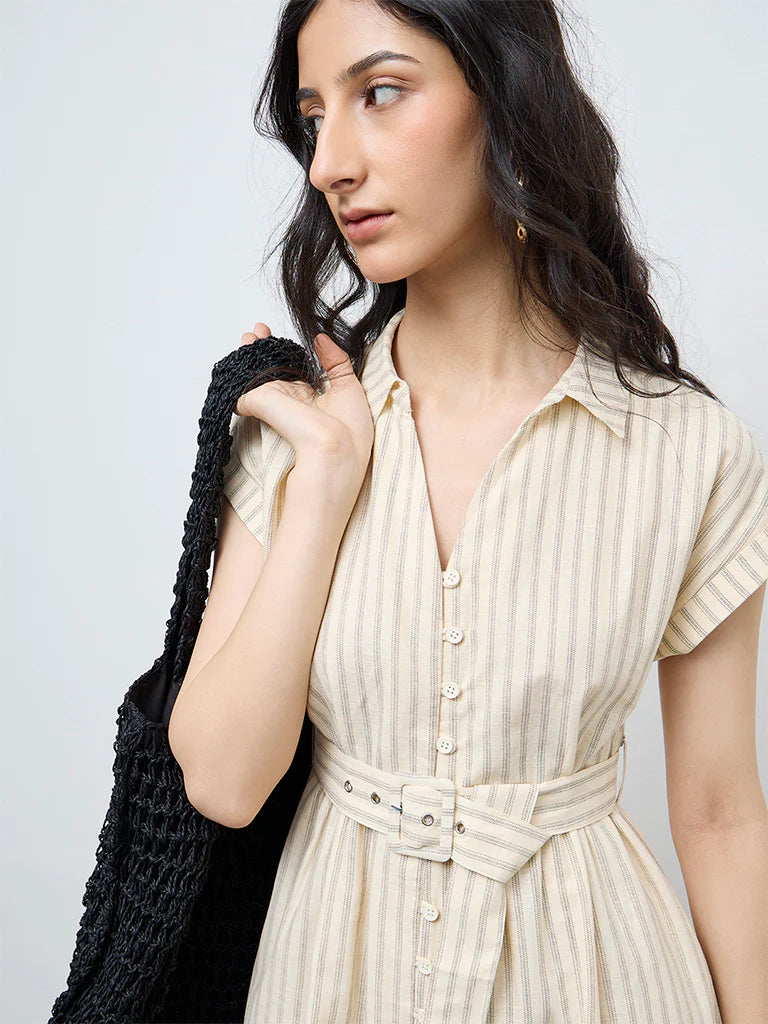 Bombay Paisley Off-White Cotton Shirt Dress with Belt