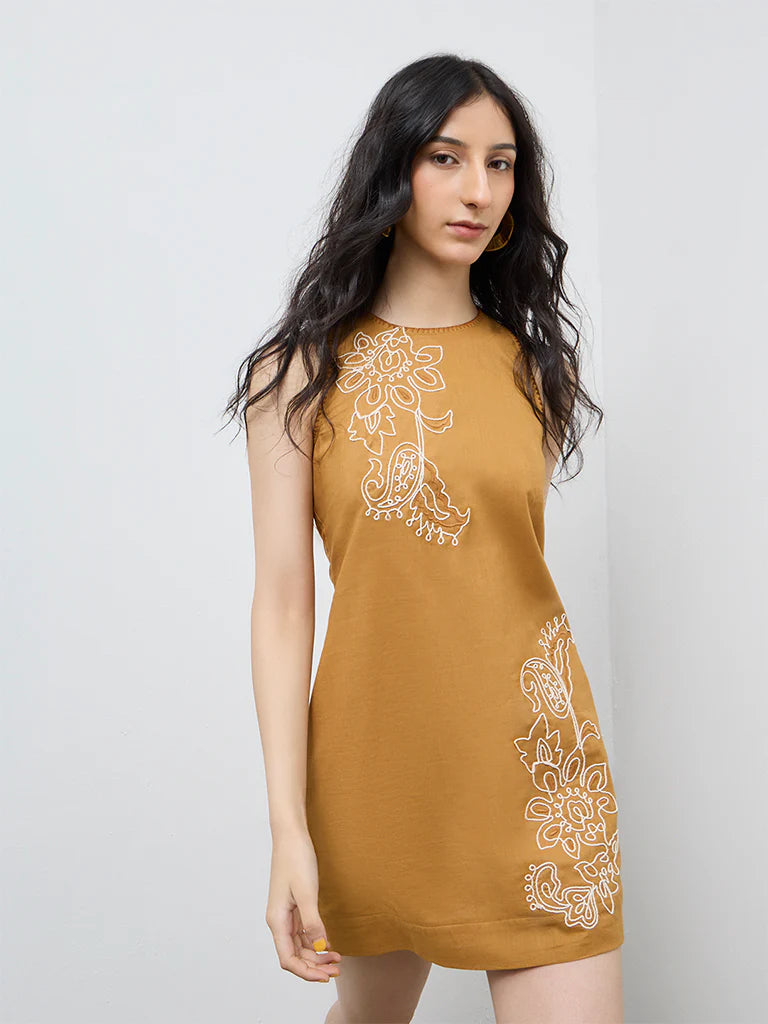 Bombay Paisley Mustard Embroidered Cotton Shift Dress