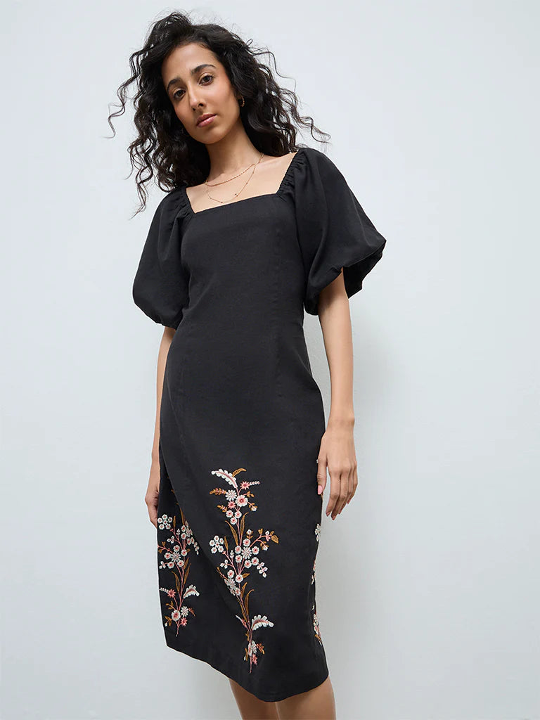 Bombay Paisley Black Floral Embroidered Cotton-Blend A-Line Dress