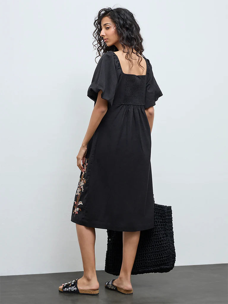 Bombay Paisley Black Floral Embroidered Cotton-Blend A-Line Dress