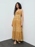 Bombay Paisley Mustard Printed Cotton-Blend Tiered Dress