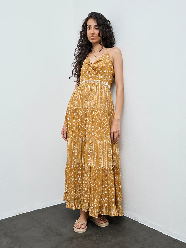 Bombay Paisley Mustard Printed Cotton-Blend Tiered Dress