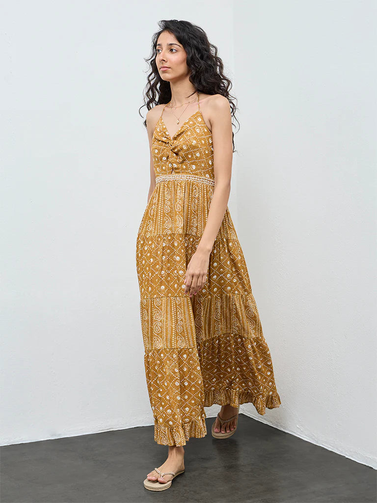 Bombay Paisley Mustard Printed Cotton-Blend Tiered Dress
