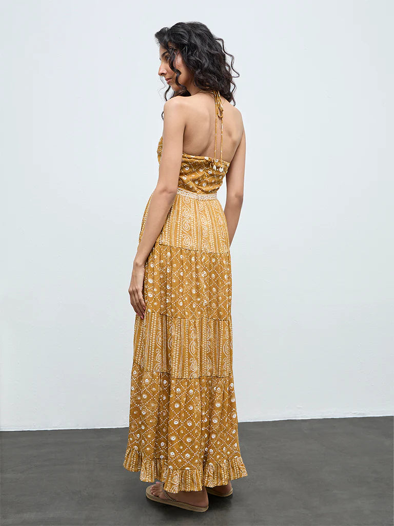 Bombay Paisley Mustard Printed Cotton-Blend Tiered Dress