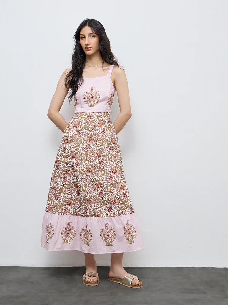 Bombay Paisley Pink Floral Printed Cotton A-Line Dress