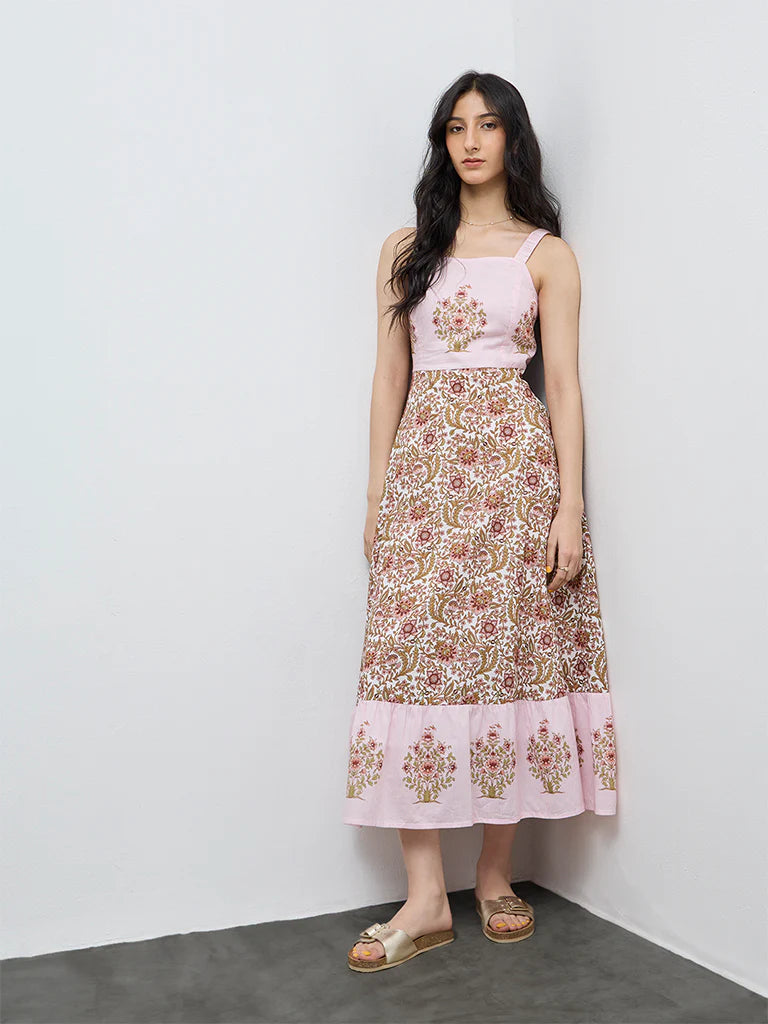 Bombay Paisley Pink Floral Printed Cotton A-Line Dress