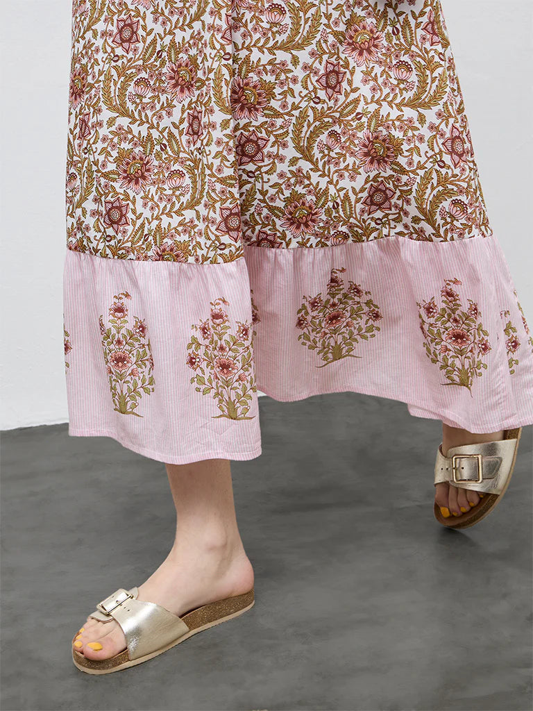 Bombay Paisley Pink Floral Printed Cotton A-Line Dress
