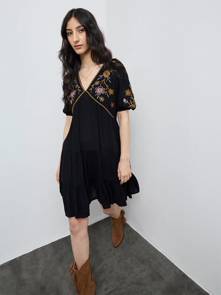 Bombay Paisley Black Embroidered Cotton A-Line Dress