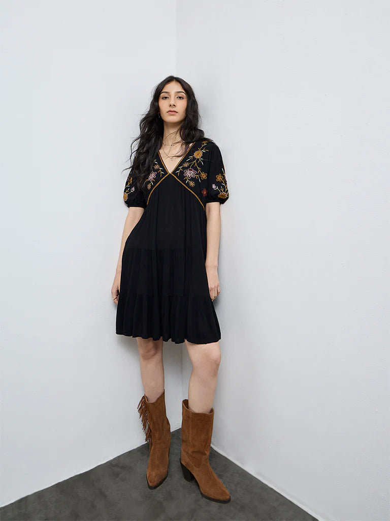 Bombay Paisley Black Embroidered Cotton A-Line Dress