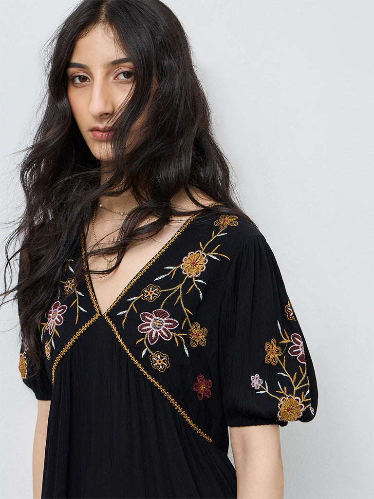 Bombay Paisley Black Embroidered Cotton A-Line Dress