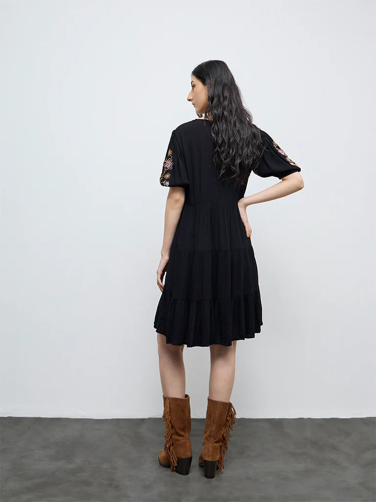 Bombay Paisley Black Embroidered Cotton A-Line Dress