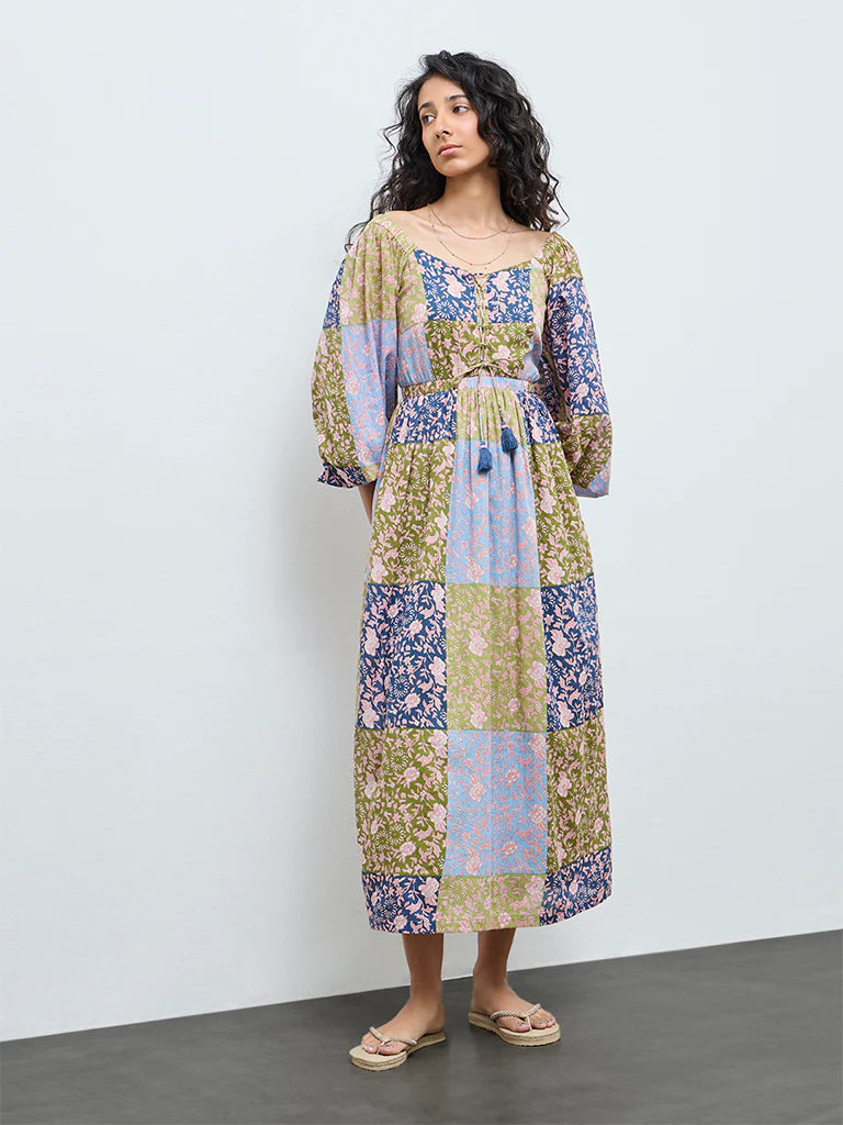 Bombay Paisley Multicolour Floral Pattern Cotton A-Line Dress