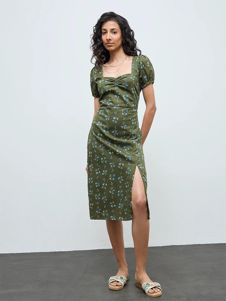 Bombay Paisley Olive Floral Cotton A-Line Dress