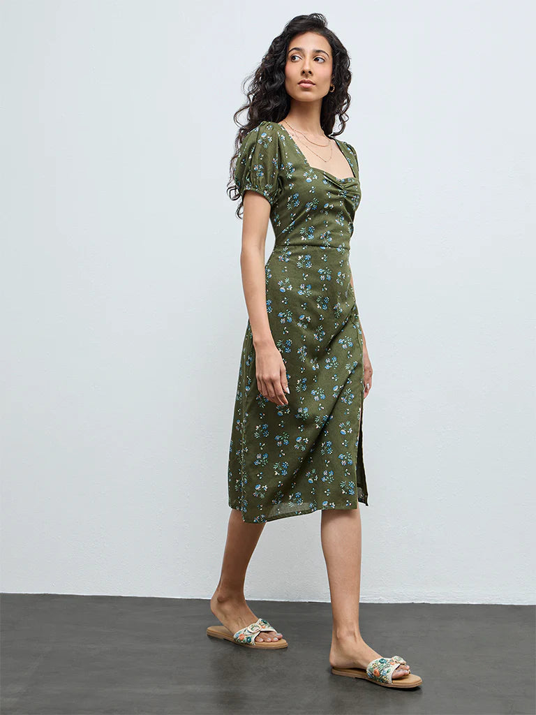 Bombay Paisley Olive Floral Cotton A-Line Dress