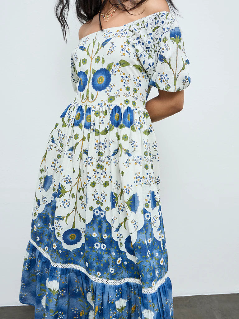Bombay Paisley Off-White Floral Cotton Tiered Dress