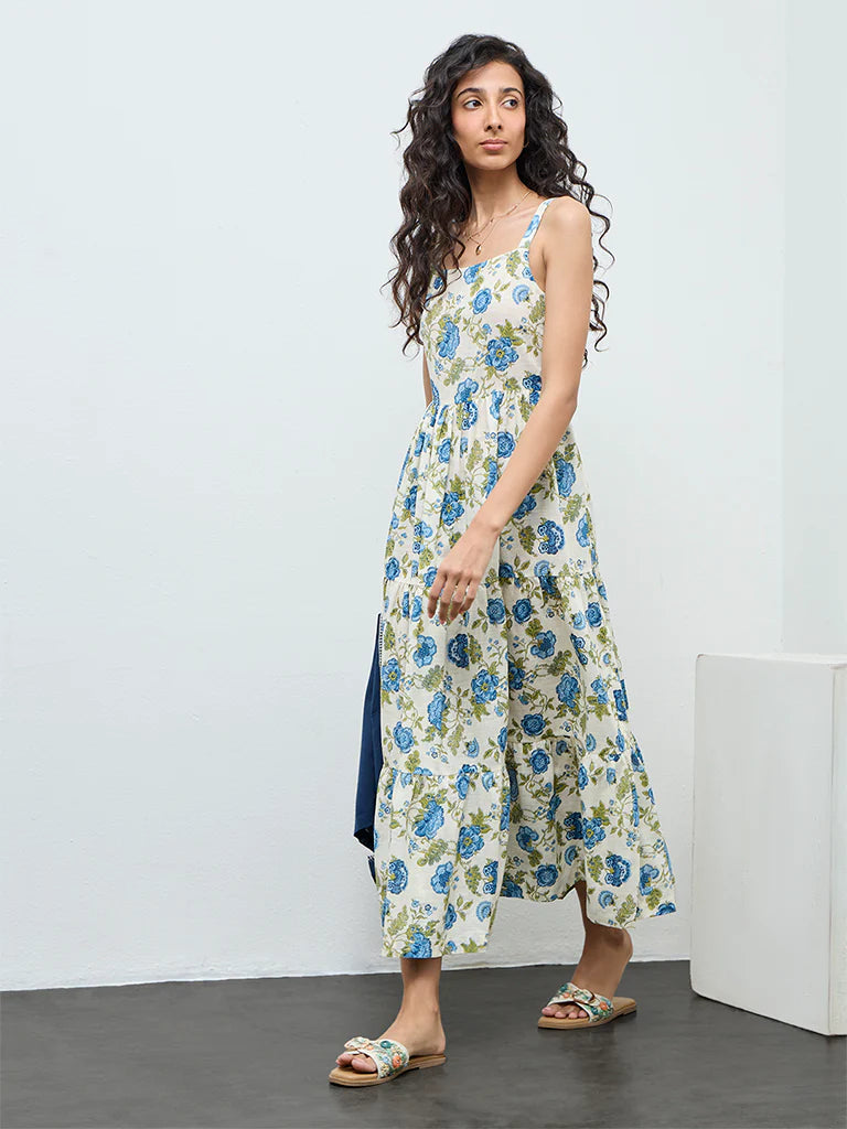 Bombay Paisley Blue Floral Cotton Tiered Dress with Jacket