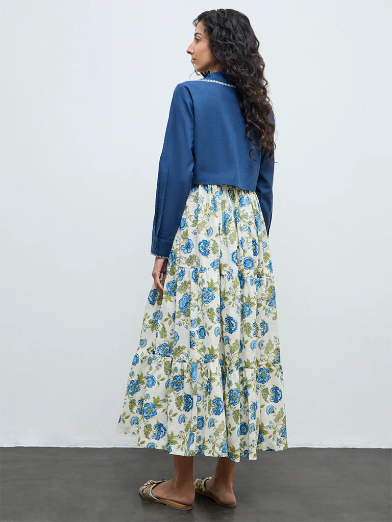 Bombay Paisley Blue Floral Cotton Tiered Dress with Jacket