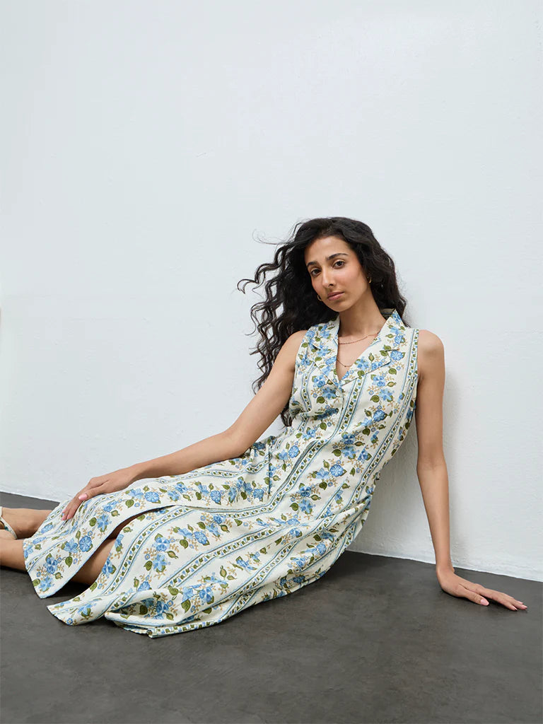 Bombay Paisley Blue Floral Cotton-Blend Shirt Dress