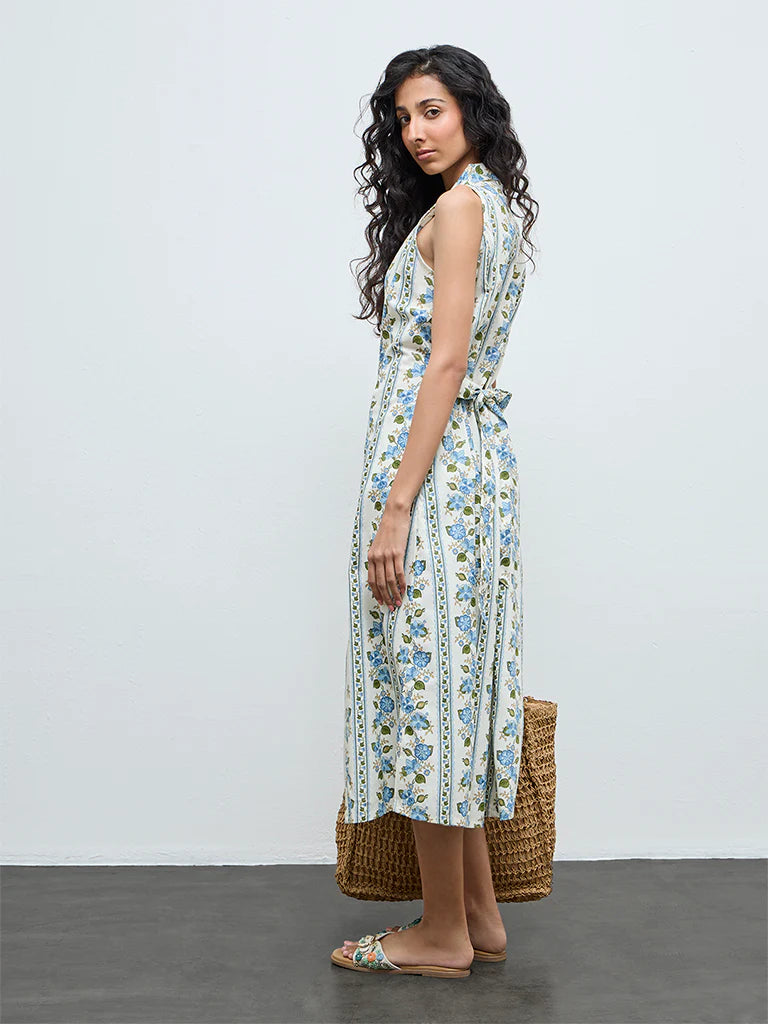 Bombay Paisley Blue Floral Cotton-Blend Shirt Dress