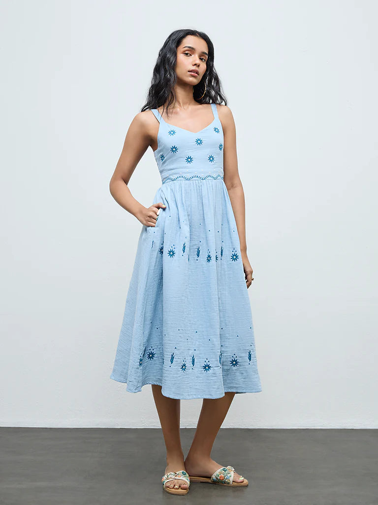 Bombay Paisley Light Blue Embroidered Cotton A-Line Dress