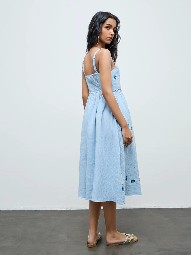 Bombay Paisley Light Blue Embroidered Cotton A-Line Dress