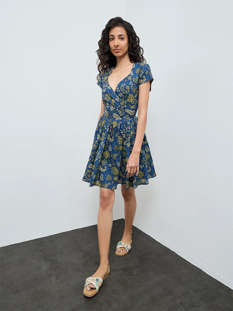 Bombay Paisley Dark Blue Floral Cotton A-Line Dress