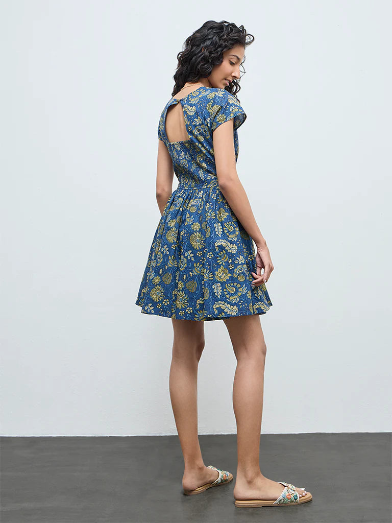 Bombay Paisley Dark Blue Floral Cotton A-Line Dress