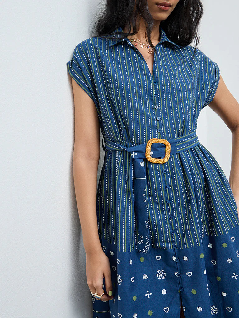Bombay Paisley Blue Striped Cotton Shirt Dress with Belt