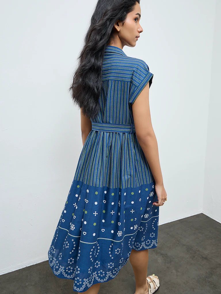 Bombay Paisley Blue Striped Cotton Shirt Dress with Belt