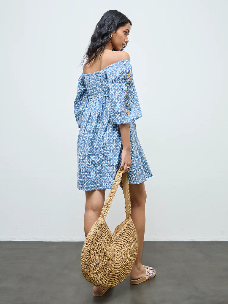 Bombay Paisley Blue Printed Cotton A-Line Dress