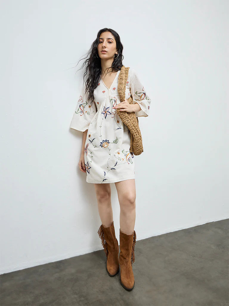 Bombay Paisley Off-White Cotton-Blend A-Line Dress