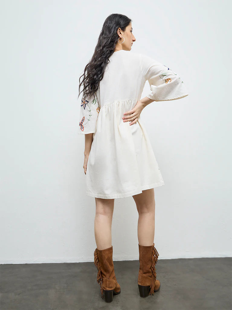 Bombay Paisley Off-White Cotton-Blend A-Line Dress