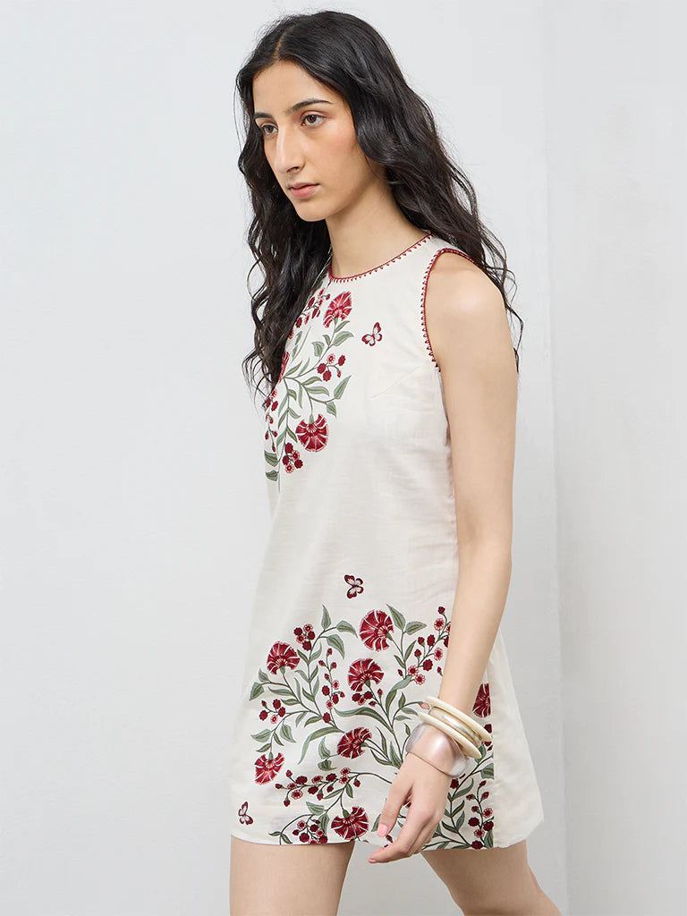 Bombay Paisley Off-White Floral Cotton Straight Dress