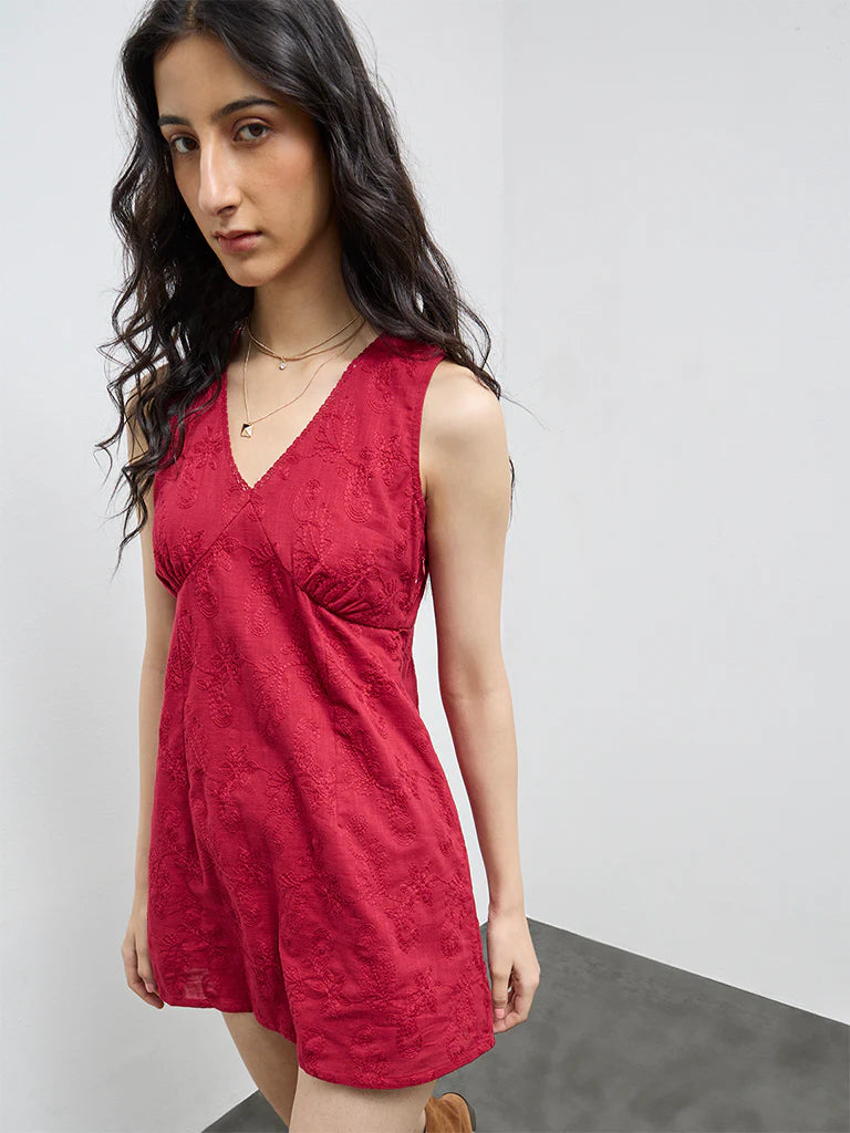 Bombay Paisley Red Floral Embroidered Cotton Straight Dress
